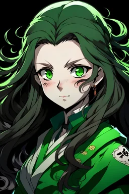 The character of a girl have long hair is slightly scattered, black and her eyes green, while she have white skin,from anime demon slayer
