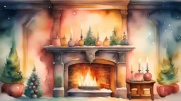 Watercolor Chrismas love with Fireplace - Winter Ambience, Natural Lighting, Soft Lighting, Accent Lighting, Diffraction Grading, With Imperfections