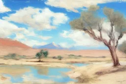 clouds, arid land, distant mountains, dry trees, pond, philip wilson steer impressionism painting