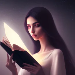 Close-up of a beautiful Arab girl reading, dark black hair, dark black eyes, high makeup, Artstation, Light Painting, Super-Resolution Microscopy 8K Phosphor Display, Glossy, Ray Tracing Reflections, RGB Displacement, Glowing Edges, RTX