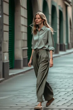 woman walking around in long pants and long shirt