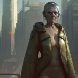cyberpunk saggy granny woman, abandoned sci-fi town, future, sci-fi