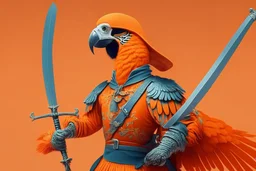 half parrot half human in a orange Dutch uniform with a katana having a sword fight against a skeleton