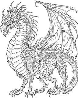 coloring image of full body dragon, line art, realistic, white background