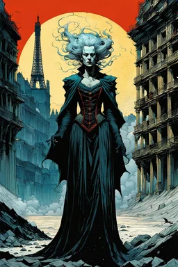 create a highly ethereal, darkly magical surrealist full body portrait illustration of an antediluvian female vampire elder with highly detailed and deeply cut facial features, in the chaotic, shifting, otherworldly landscape of a ruined 18th century PARIS in the comic art style of BILL SIENKIEWICZ, FRANK MILLER, and JEAN GIRAUD MOEBIUS, searing lines and forceful strokes, precisely drawn, boldly inked, darkly colored, negative space