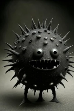 Solid spherical creature, four black eyes, very small smiling mouth, lighting body, The creature is gray iron, without dots, without thorns, wearing worrier shoes, full body, smoke from the head, high details, stunning realistic photograph