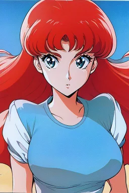 1girl, retro anime, 80's, redhead,portrait, synth-wave colors, beach