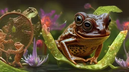 screenshot of a smartphone game, horizontal display, start screen, rear shot of a stylized and happy young brown frog with black stripes in its natural habitat at sunset, plain with wetlands, ravines, river with water hyacinth, ceibos and willows, dragonflies, beetles, dewdrops, cartoon atmosphere, digital art