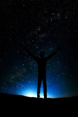 The outline of a figure stretching his arms towards the sky. In the sky, the stars are all in nature.