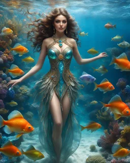 Fullbody excellent pose gorgeous photography art realistic,cinematic realistic colors,soft blur ,natural beauty, of young woman, smiling, beautiful, shiny grey eyes, make up,Queen Persian style, shiny baubles, ornate, large gemstones, shiny molten metalics, shiny wire filigree, brown hair, high definition, Walk in underwater scene teeming with colorful fish nemo, many full fishes swim, and gentle sea turtle