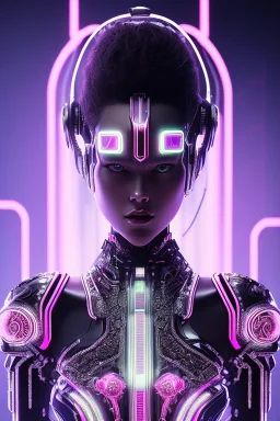 Portrait cyberpunk cybernetic AbstractTech Android bride with silver eyes and irises in skin-tight ornate neon pink dress with silver filigree, full body shot, full-color long shot