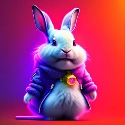 pixar style anamorphic cute cyberpunk rabbit baby, smiling,gangsta gold neckless, full body, magenta puffer jacket, manila city backdrop, dramatic lighting, hyper realistic, unreal engine 5, 16k without background