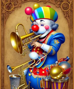 happy and funny old friendly clown with round head and trimmed beard playing jazz with a steampunk theme, trumpet on mouth, paintbrush and aisle, carnival, dreamy