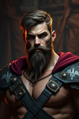 Muscular male Commander with short hair and a goatee beard. Photorealistic. 4k. Dark fantasy dungeon
