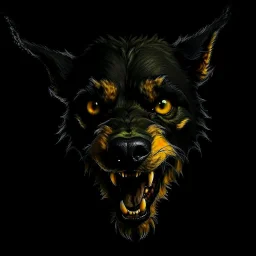 an angry scruffy black terrier on black background, yellow eyes, defined teeth, 30% lighter, illustration
