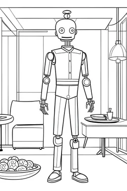 ""Robot Butler Service: Your Personal Assistant in the STAR Hotel of 2050." each unique, flat vector, full view, only draw lines, clean line art, –no sketch, white background, minimalistic black lines, minimal black color, coloring page, thin black line art, perfect shape, perfect clear lines,