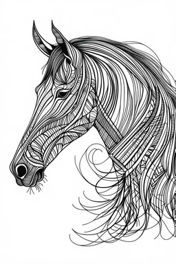 symetrical realistic horse head tattoo idea, line art, background, vector, svg, black outline on white background, leave plenty of white space beetween lines for coloring, tattoo style, tattoo idea,full body, minimalist