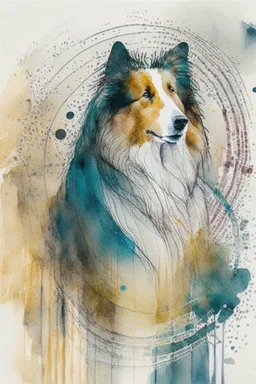 Abstract wet watercolour of a rough collie, ink lines, interlinked circles,