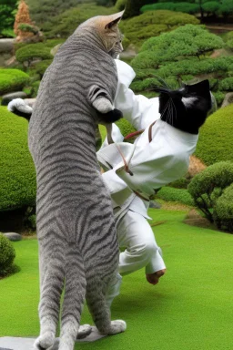 martial artist cats fighting in a Japanese garden