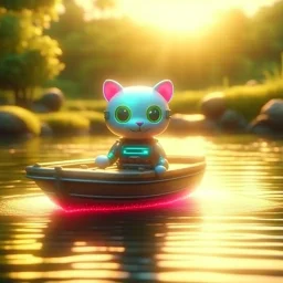 cute blessed chat robot speeding in a fishlike boat in the river,catching a big fish in a river stream, 8k, downlight, soft light, depth of field, photorealism, trending on art station, lotsa detail