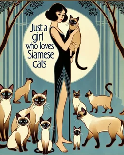 Tall and thin Young women standing holding Siamese cat while several other Siamese cats in different positions surround her at her feet. Done in a simple Art Deco style in jewel tone colors, with the text Just a Girl who loves Siamese Cats at the bottom.. Tall tree in background