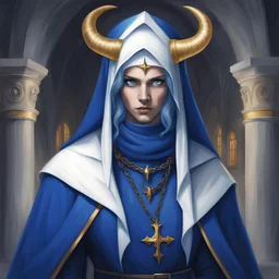 Devil with intense blue eyes and golden horns with long trailing navy blue locks wearing a vivid blue Nun's habit with navy blue scarf white trim and belt and golden necklace background church in the underworld in pencil art style