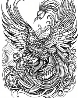 realistic Phoenix tattoo idea, line art, background, vector, svg, black outline on white background, leave plenty of white space beetween lines for coloring, tattoo style, tattoo idea,full body