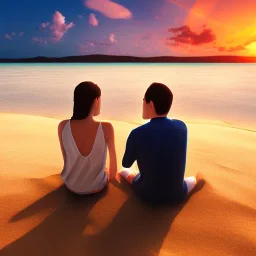 2 lovers watching the sunset sitting in the sand on a sand island