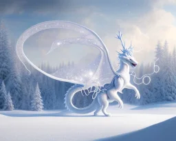 midjourney style, a white dragon with fairy-like transparent glowing and shining wings standing in snow, full body, silver lightning, glowing soft and smooth wings, realistic, highly detailed intricately detailed, shiny snowy background, soft studio lighting, trending on artstation, by artist "Julie Bell", by artist "Greg Rutkowski"