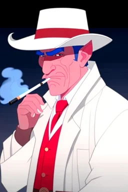 An old male red tiefling wearing a white and blue police comisioner outfit smoking a cig.