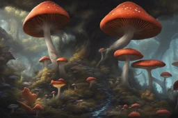 Exotic Flora, fauna, mushrooms, fungi and coral at the End of the Multiverse black liquid Land