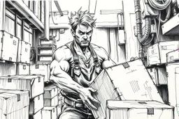 a working man (light swedish hair) pushing objects in a factory, sweating really hard, muscles are exploding, the man have worked through years of day and night never ending, ugly underground black and white fast marker sketch painting rough style, he pushing with raw power boxes and ibc, baxers