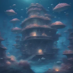 An underwater city inhabited by bioluminescent sea creatures.