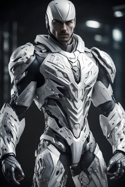 Tema Kuzmin manin a mega cool white iron super suit with on his arms and shoulders, hdr, (intricate details, hyperdetailed:1.16), piercing look, cinematic, intense, cinematic composition, cinematic lighting, color grading, focused, (dark background:1.1)