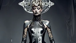 Futuristic steampunk fashion editorial, subtle rococo influences, a slender androgynous model with a pale face, silver abstract nonfigurative tattoos flowing across the face and neck, dark silver and off-white color palette. Wearing an extraordinary long sculptural dress layered over glossy metallic leggings, intricate futuristic steampunk details, elegant mechanical ornaments. Elaborate headpiece combining a decorative hair ornament, rococo hat and futuristic half helmet