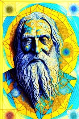 Portrait of Moses the patriarch in a zen happy mood the desert fantasy with sacred geometry, use the sun flowers colours of van gogh, in a caran d ache pencils