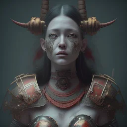 a warrior princess in samurai armor, red tattoo in the face, steam punk, scary, horror, realistic, made in octane, cinematic, movie, CGI, ultra-realistic, extremely detailed octane rendering, 8K, VRAY Super Real ar 2:3, dof photorealistic futuristic 50mm lens hard lighting dark gray tintype photograph, realistic lighting, sephia colors