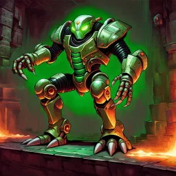 90's fantasy tcg art of a large cyber robot cobra with glowing green eyes