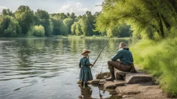 A fisherman fishing on the river bank with a rod next to his young daughter in the Middle Ages