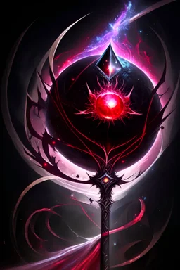 A sorceress evil staff that is a mix colors of red and black crystals and sharp edges, with black aura swirling around it, a black universe color orb in the middle