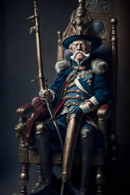 70 years old victorian soldier on a throne with a musket