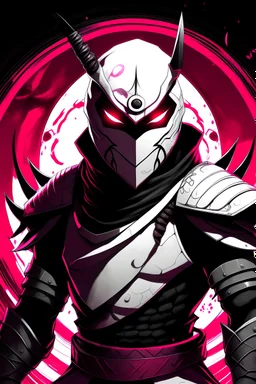 The character, depicted in a striking white armour against a dark wintry backdrop with accents of pink, stands prominently within the scene, accompanied by a red and black circular symbol of significance, a black pointed spear with a red handle. His eyes are showing a dynamic yet menacing expression and he wears a black oni mask with white teeth covering the bottom part of his mouth he has brown shoulder pads and a white karate belt with a bag attached to it. He has dark brown hair, no helmet.