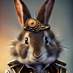 portrait of a steampunk rabbit, extremely detailed, UHD, 8k,The close-up camera effect,sharp focus,perfect position,hyperphotorealistic