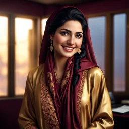 Hyper Realistic Photographic View Of A Gorgeous Pashto Young Woman (Wearing Long Golden Coat With Maroon Dress With Golden Embroidery & Wearing Maroon Scarf On Her Neck) Alone Happily Standing & Giving a Bold Smile & Expressions With Dimples On Her Face; With dimples On Her Cheeks In Her (Black Walled) Office Room With Her Beautiful Long Black Hair With Moonlight Rays Coming From A Fancy Window At Her Back, With A Little Garden View From Outside Window At Dark Night Showing Dramatic & Cinematic