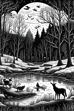 flat vintage winter night scenery with realistic trees, animals, river and plants elegant engraving in black and white