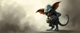 air brush 3d with pen outline, mongrel goblin gremlin holding big big cat monster with blurred shadow outline, charcoal fog border