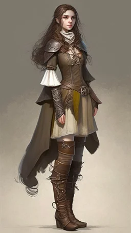 girl, brown hair, Her eyes are brown, she wears fantasy medieval clothes, she is slim, full body with boots side view