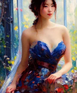 realist impressionist portrait of "The Curious Female" by Ross Tran rework. Masterpiece, best quality, painted impressionist brush strokes. paint drips and drabs and splatters by and by art nouveau and richard schmid . Paint spatters, drips, drabs, dynamic, artstation, artgerm