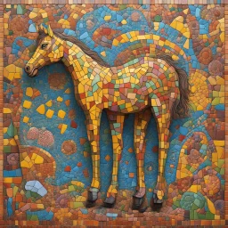 Pop street surrealism, graffiti wall mosaic art, by Os Gemeos and Salvador Dali, surreal melting horse, pronounced mosaic tiles