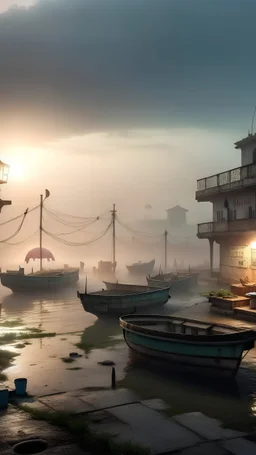 Qaitbay Citadel in Alexandria, fishermen’s boats anchored around it, fishermen putting fishing nets on their boats, fog covering the place, the moment the sun rises